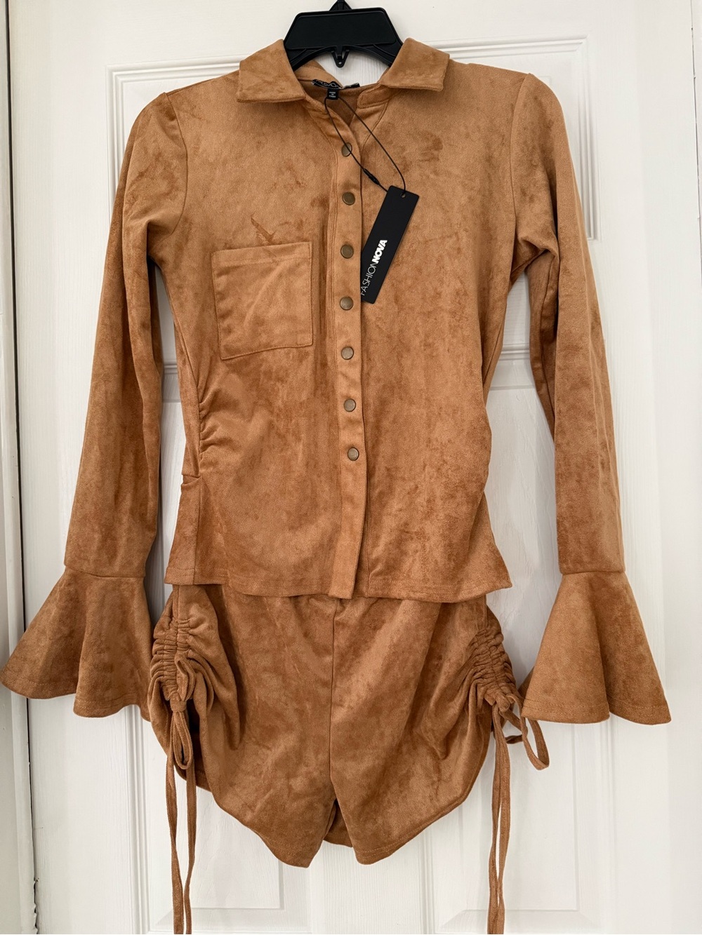 Fashion Nova Camel Suede-Look Two-Piece Romper Set